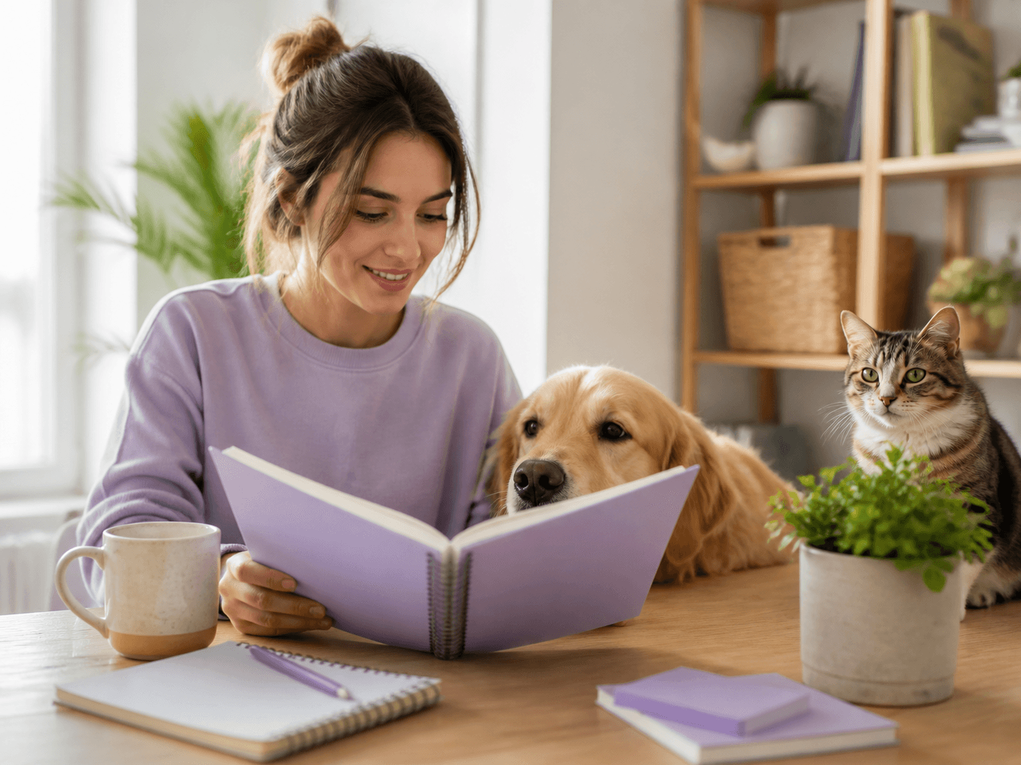 A pet owner reviewing care information with their dog and cat nearby