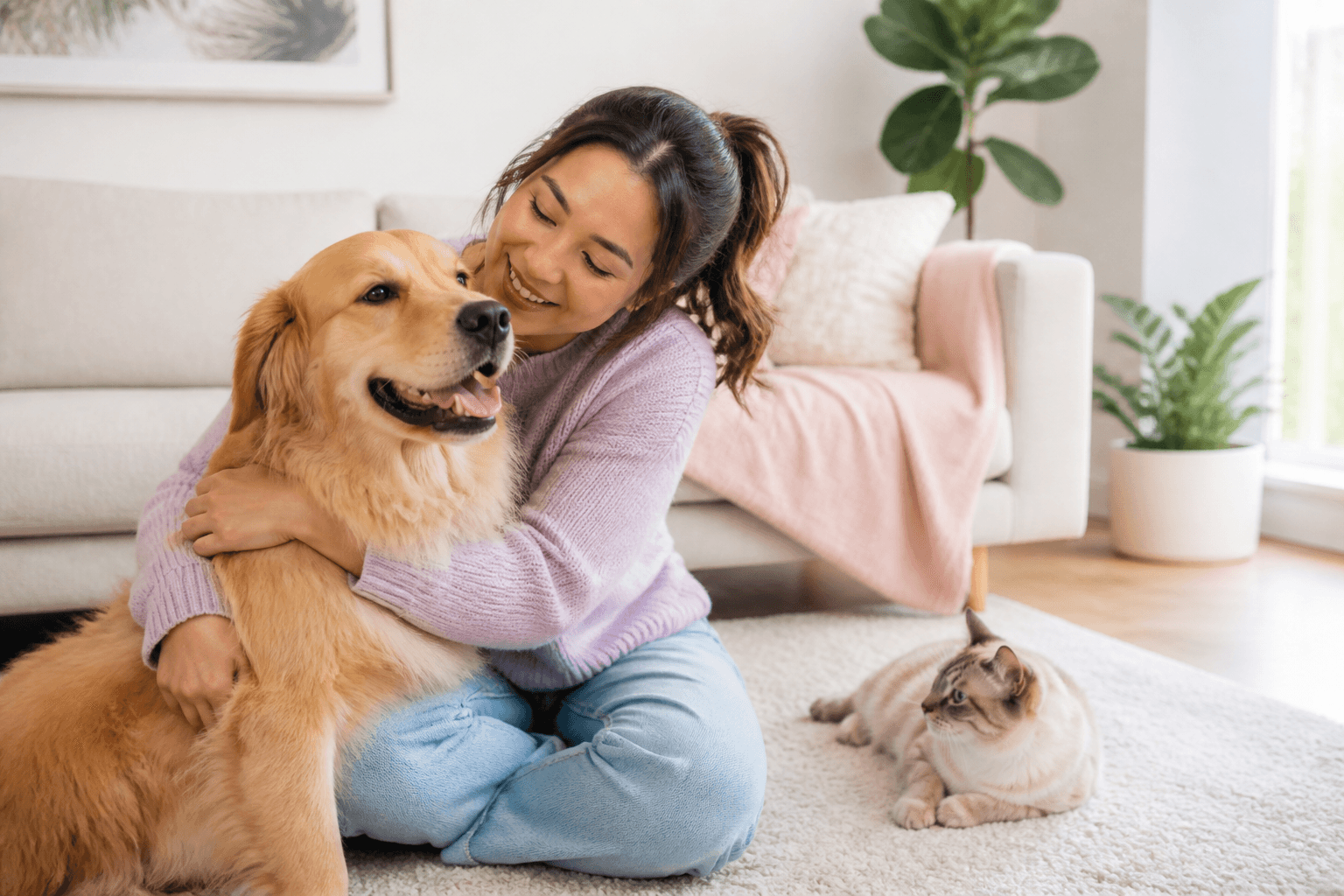 A friendly pet owner at home with a dog and cat